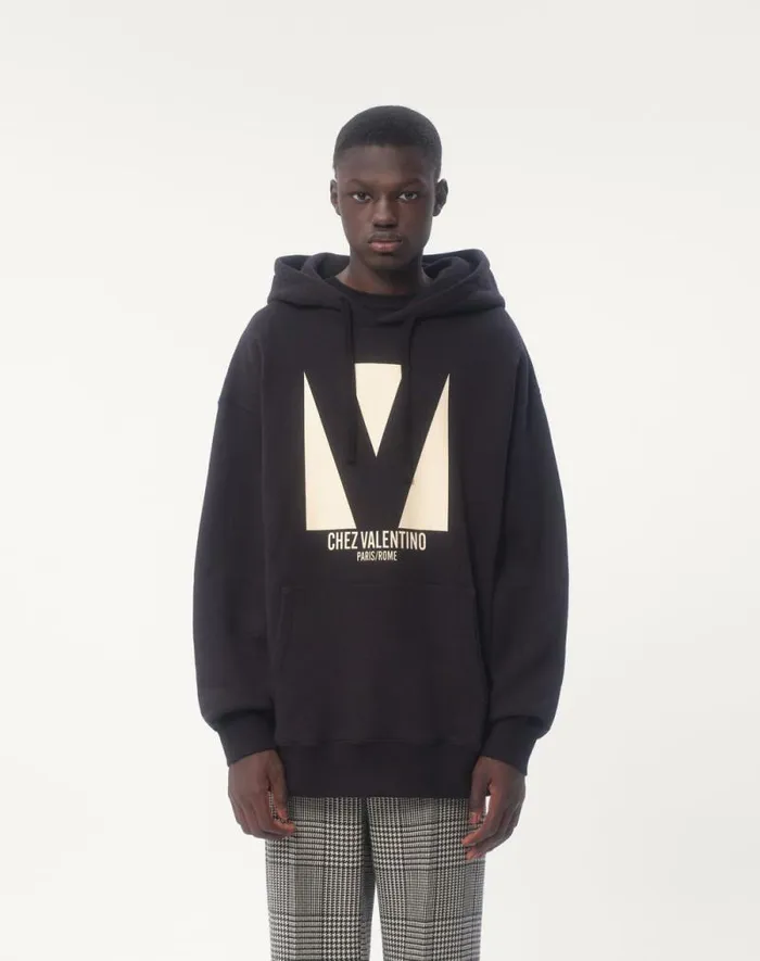 Valentino Tshirts And Sweatshirts Man Cotton Hooded Sweatshirt With Chez Valentino Print For Man In Black Black