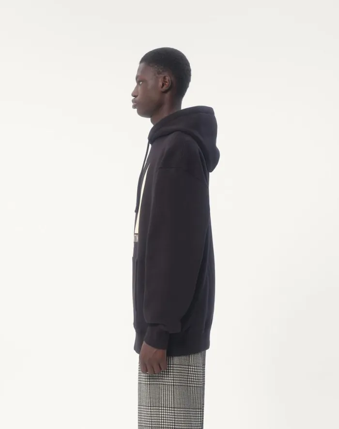 Valentino Tshirts And Sweatshirts Man Cotton Hooded Sweatshirt With Chez Valentino Print For Man In Black Black