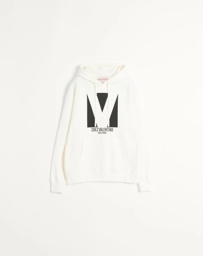 Valentino Tshirts And Sweatshirts Man Cotton Hooded Sweatshirt With Chez Valentino Print For Man In Black Black