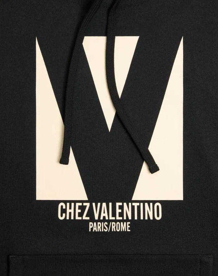 Valentino Tshirts And Sweatshirts Man Cotton Hooded Sweatshirt With Chez Valentino Print For Man In Black Black