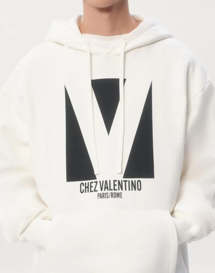 Valentino Tshirts And Sweatshirts Man Cotton Hooded Sweatshirt With Chez Valentino Print For Man In Black Black