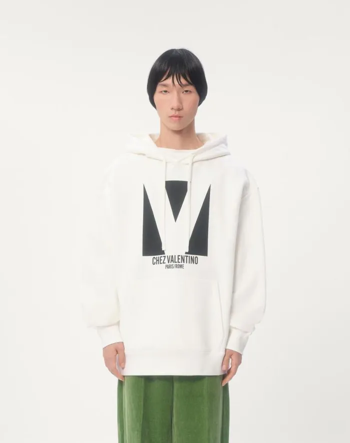 Valentino Tshirts And Sweatshirts Man Cotton Hooded Sweatshirt With Chez Valentino Print For Man In Black Black