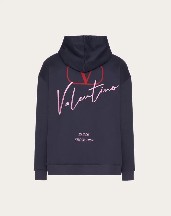 Valentino Tshirts And Sweatshirts Man Cotton Hooded Sweatshirt With Valentino Embroidery And Vlogo Signature Print For Man In Navy Navy Valentino Tshirts And Sweatshirts Man Cotton Hooded Sweatshirt With Valentino Embroidery And Vlogo Signature Print For Man In Navy Navy