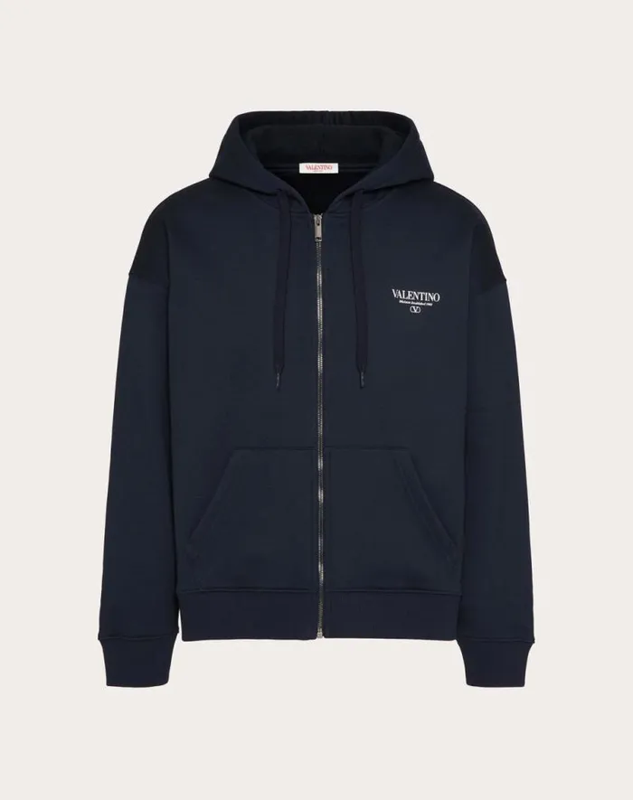 Valentino Tshirts And Sweatshirts Man Cotton Sweatshirt With Hood Zipper And Valentino Print For Man In Navywhite Navywhite Valentino Tshirts And Sweatshirts Man Cotton Sweatshirt With Hood Zipper And Valentino Print For Man In Navywhite Navywhite