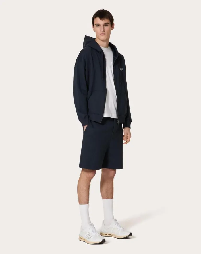 Valentino Tshirts And Sweatshirts Man Cotton Sweatshirt With Hood Zipper And Valentino Print For Man In Navywhite Navywhite Valentino Tshirts And Sweatshirts Man Cotton Sweatshirt With Hood Zipper And Valentino Print For Man In Navywhite Navywhite