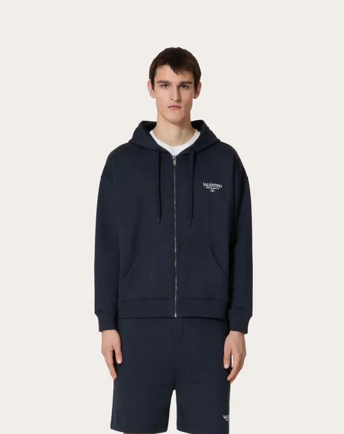 Valentino Tshirts And Sweatshirts Man Cotton Sweatshirt With Hood Zipper And Valentino Print For Man In Navywhite Navywhite Valentino Tshirts And Sweatshirts Man Cotton Sweatshirt With Hood Zipper And Valentino Print For Man In Navywhite Navywhite