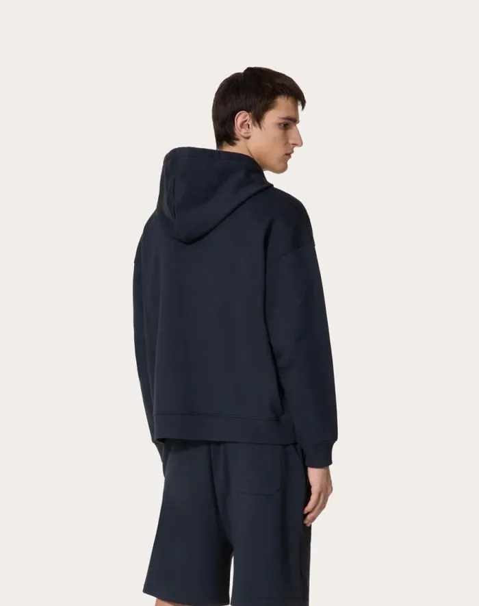Valentino Tshirts And Sweatshirts Man Cotton Sweatshirt With Hood Zipper And Valentino Print For Man In Navywhite Navywhite Valentino Tshirts And Sweatshirts Man Cotton Sweatshirt With Hood Zipper And Valentino Print For Man In Navywhite Navywhite