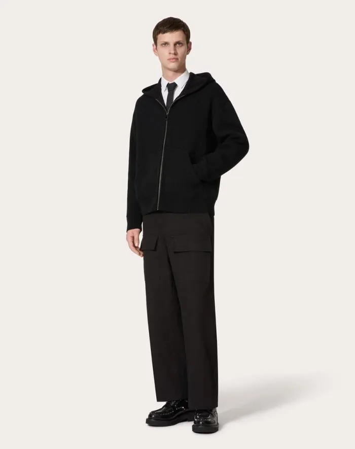 Valentino Tshirts And Sweatshirts Man Hooded Wool Sweatshirt For Man In Black Black Valentino Tshirts And Sweatshirts Man Hooded Wool Sweatshirt For Man In Black Black