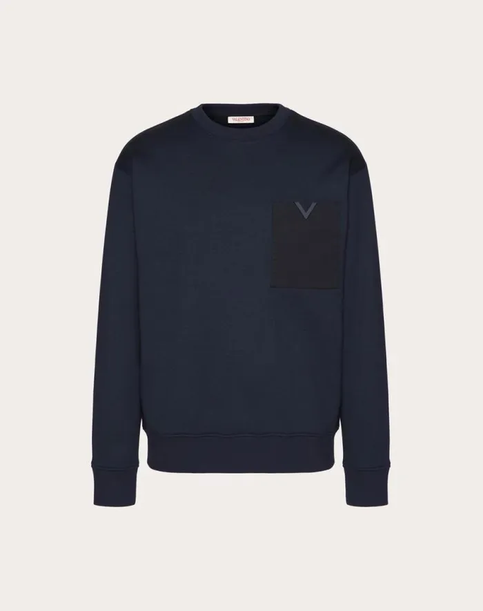 Valentino Tshirts And Sweatshirts Man Technical Cotton Crewneck Sweatshirt With Rubberized V Detail For Man In Navy Navy Valentino Tshirts And Sweatshirts Man Technical Cotton Crewneck Sweatshirt With Rubberized V Detail For Man In Navy Navy