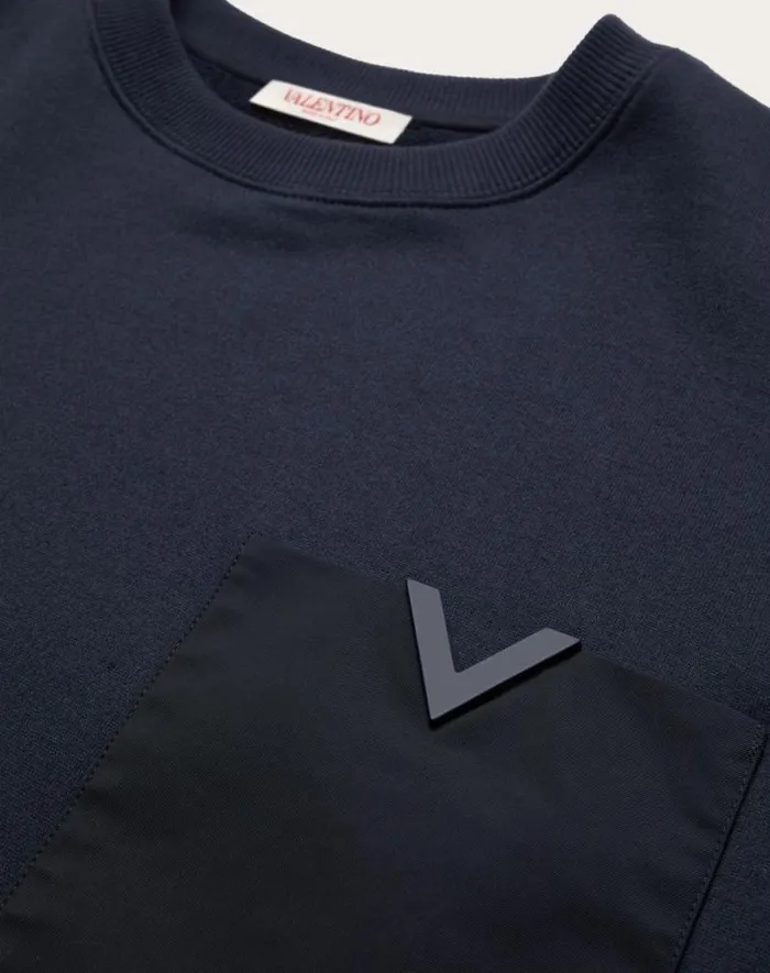 Valentino Tshirts And Sweatshirts Man Technical Cotton Crewneck Sweatshirt With Rubberized V Detail For Man In Navy Navy Valentino Tshirts And Sweatshirts Man Technical Cotton Crewneck Sweatshirt With Rubberized V Detail For Man In Navy Navy