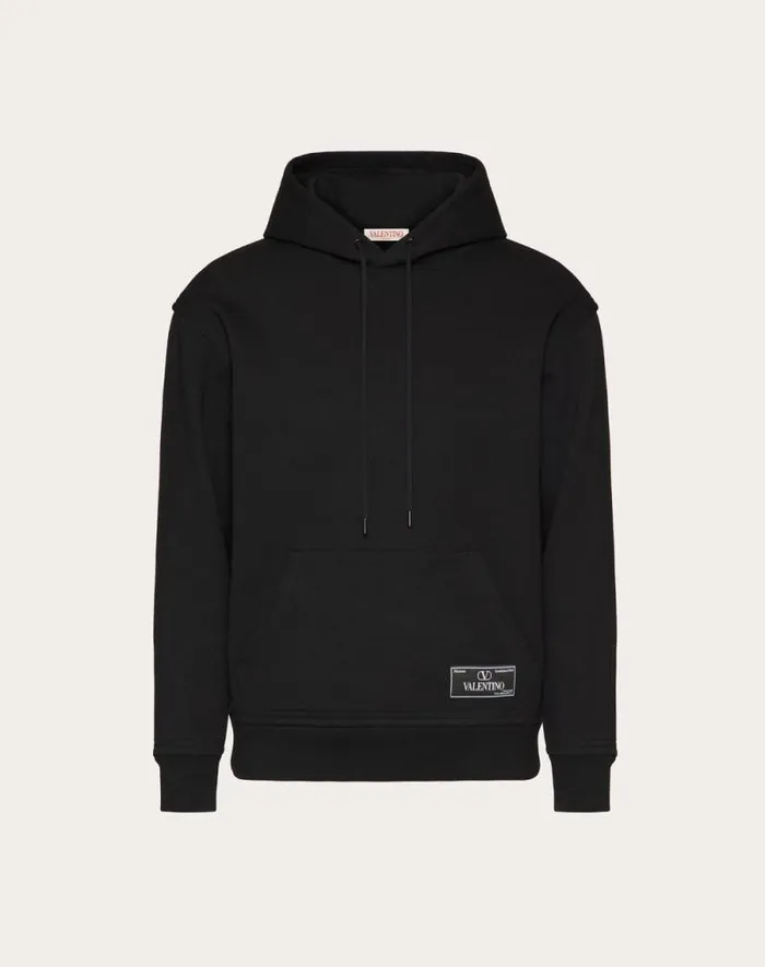 Valentino Tshirts And Sweatshirts Man Technical Cotton Sweatshirt With Hood And Maison Valentino Tailoring Label For Man In Black Black Valentino Tshirts And Sweatshirts Man Technical Cotton Sweatshirt With Hood And Maison Valentino Tailoring Label For Man In Black Black
