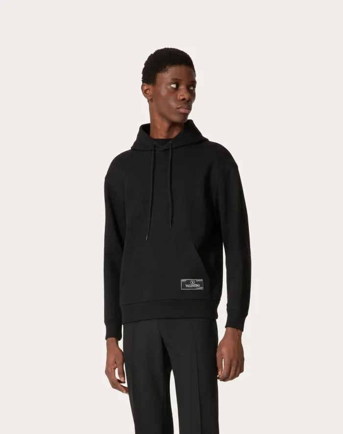 Valentino Tshirts And Sweatshirts Man Technical Cotton Sweatshirt With Hood And Maison Valentino Tailoring Label For Man In Black Black