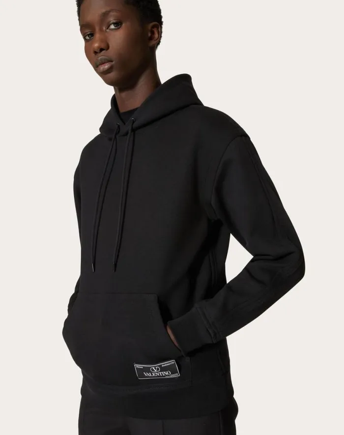 Valentino Tshirts And Sweatshirts Man Technical Cotton Sweatshirt With Hood And Maison Valentino Tailoring Label For Man In Black Black