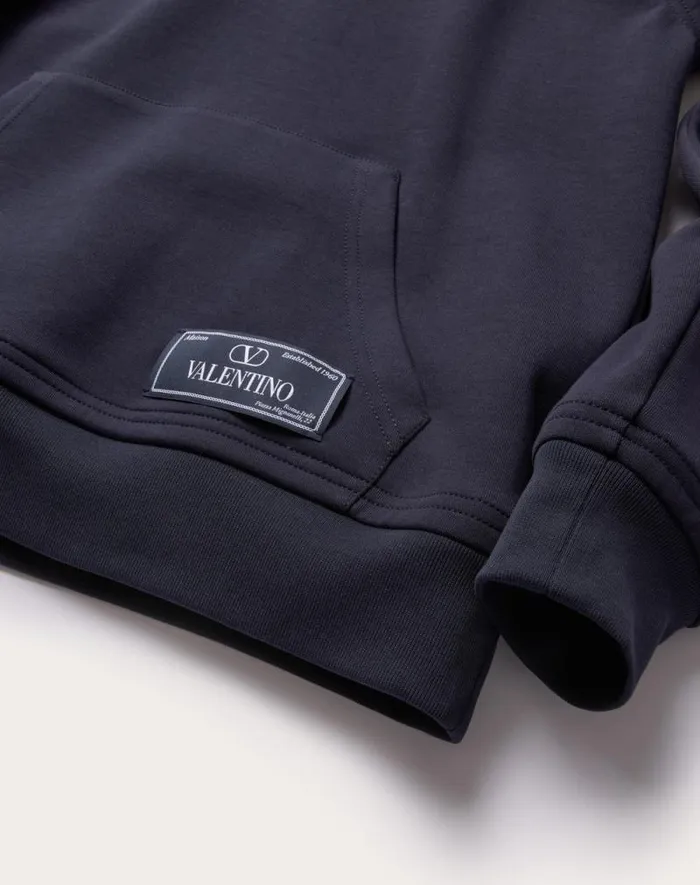 Valentino Tshirts And Sweatshirts Man Technical Cotton Sweatshirt With Hood And Maison Valentino Tailoring Label For Man In Black Black