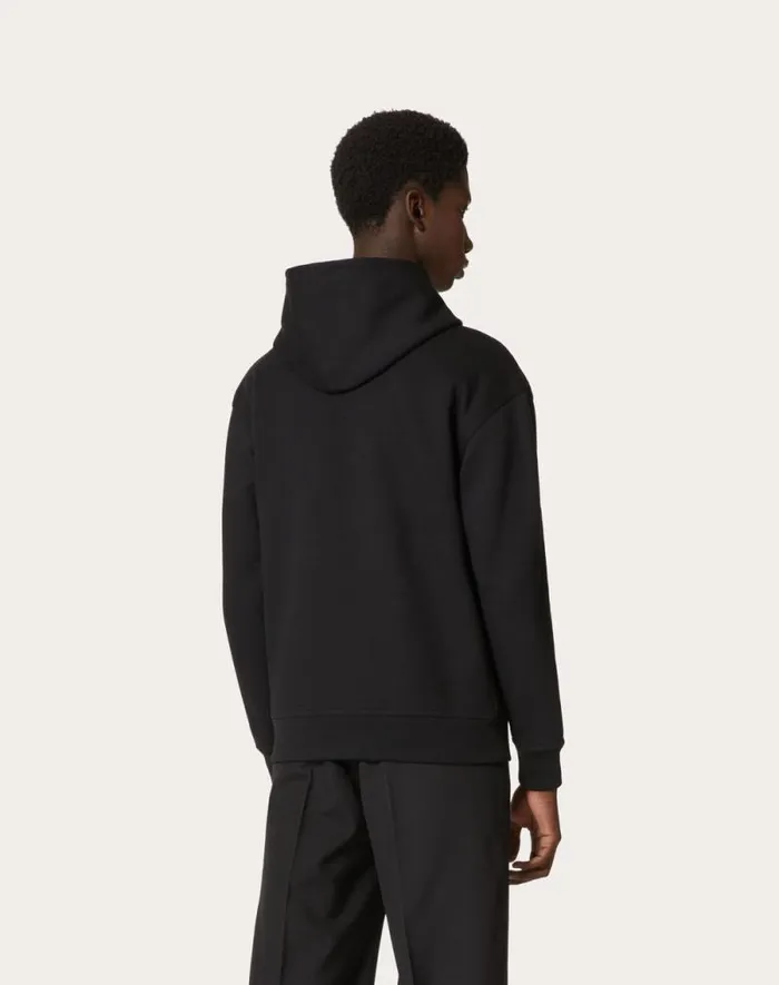 Valentino Tshirts And Sweatshirts Man Technical Cotton Sweatshirt With Hood And Maison Valentino Tailoring Label For Man In Navy Navy