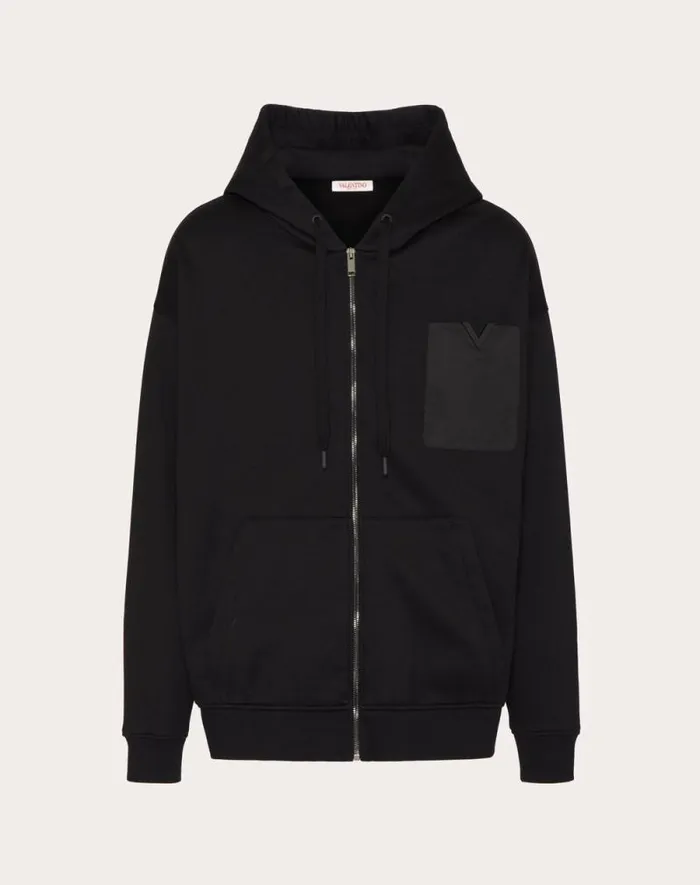 Valentino Tshirts And Sweatshirts Man Technical Cotton Sweatshirt With Hood Zipper And Rubberized V Detail For Man In Black Black Valentino Tshirts And Sweatshirts Man Technical Cotton Sweatshirt With Hood Zipper And Rubberized V Detail For Man In Black Black