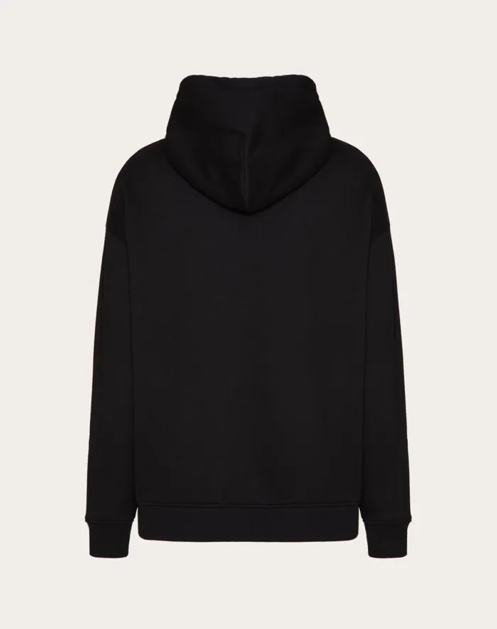 Valentino Tshirts And Sweatshirts Man Technical Cotton Sweatshirt With Hood Zipper And Rubberized V Detail For Man In Black Black