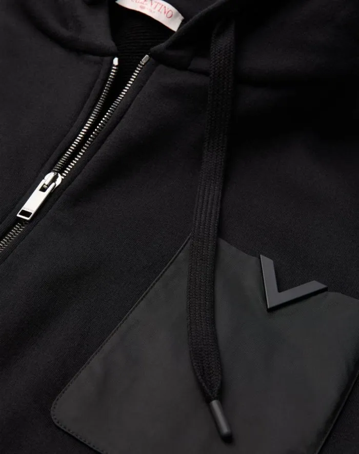 Valentino Tshirts And Sweatshirts Man Technical Cotton Sweatshirt With Hood Zipper And Rubberized V Detail For Man In Black Black