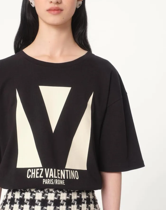 Valentino Tshirts And Sweatshirts Woman Jersey Cotton Tshirt With Chez Valentino Print For Woman In Black Black