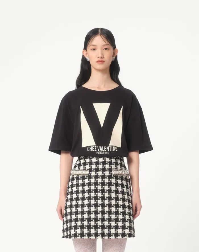 Valentino Tshirts And Sweatshirts Woman Jersey Cotton Tshirt With Chez Valentino Print For Woman In Black Black