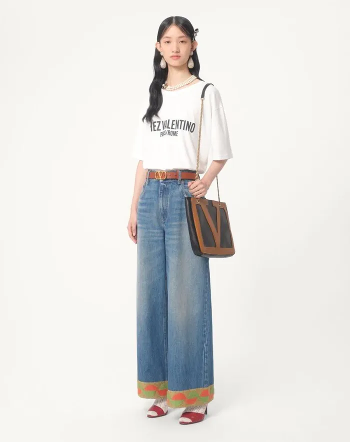 Valentino Tshirts And Sweatshirts Woman Jersey Cotton Tshirt With Chez Valentino Print For Woman In Ivory Ivory