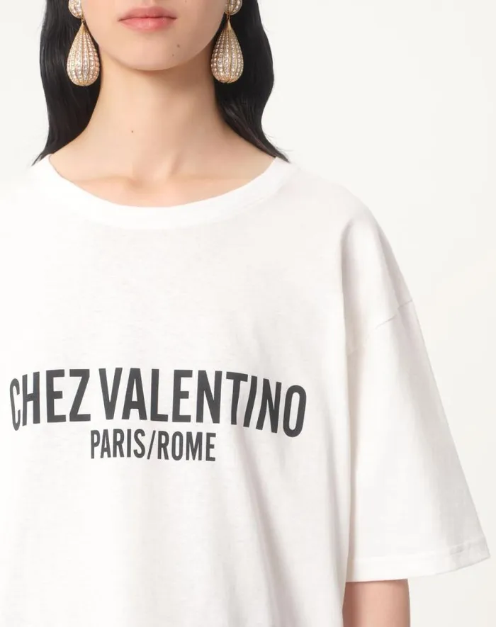 Valentino Tshirts And Sweatshirts Woman Jersey Cotton Tshirt With Chez Valentino Print For Woman In Ivory Ivory