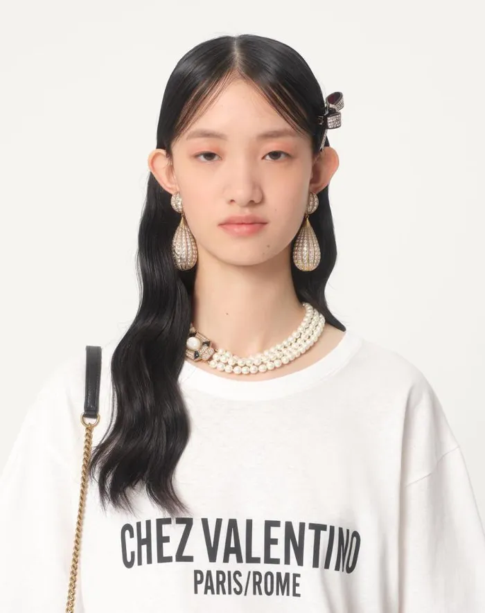 Valentino Tshirts And Sweatshirts Woman Jersey Cotton Tshirt With Chez Valentino Print For Woman In Ivory Ivory