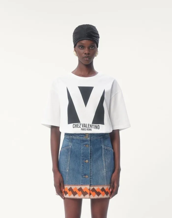 Valentino Tshirts And Sweatshirts Woman Jersey Cotton Tshirt With Chez Valentino Print For Woman In Ivory Ivory
