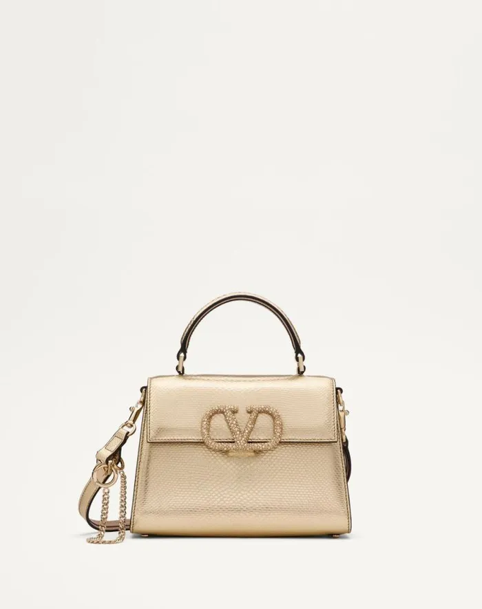 Valentino Top Handle Bags Woman Small Valentino Garavani Vsling Handbag In Metallic Karung For Woman In Platinumbeigecrystal Gold Platinumbeigecrystal Gold Valentino Top Handle Bags Woman Small Valentino Garavani Vsling Handbag In Metallic Karung For Woman In Platinumbeigecrystal Gold Platinumbeigecrystal Gold