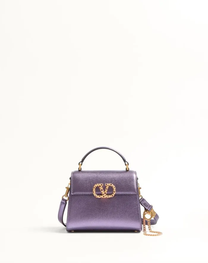 Valentino Top Handle Bags Woman Valentino Garavani Vsling Mini Handbag In Laminated Grainy Calfskin With Jewel Logo For Woman In Violet Violet Valentino Top Handle Bags Woman Valentino Garavani Vsling Mini Handbag In Laminated Grainy Calfskin With Jewel Logo For Woman In Violet Violet