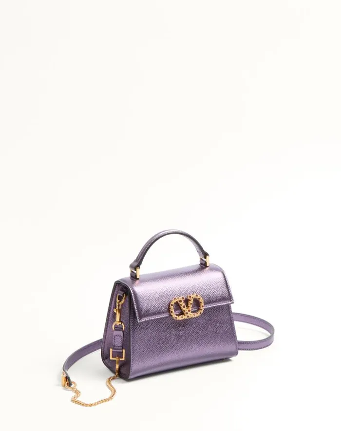 Valentino Top Handle Bags Woman Valentino Garavani Vsling Mini Handbag In Laminated Grainy Calfskin With Jewel Logo For Woman In Violet Violet Valentino Top Handle Bags Woman Valentino Garavani Vsling Mini Handbag In Laminated Grainy Calfskin With Jewel Logo For Woman In Violet Violet