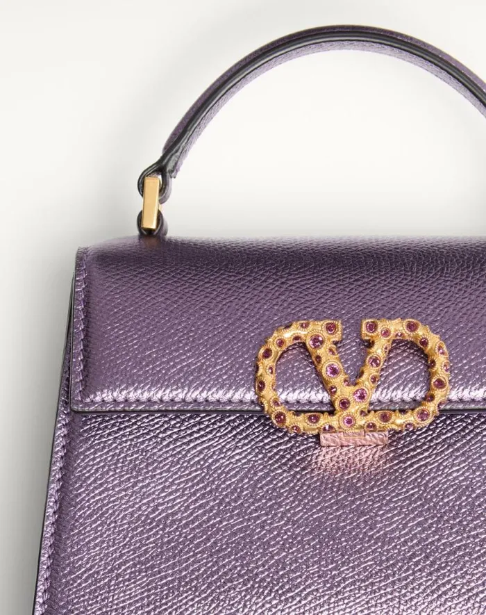 Valentino Top Handle Bags Woman Valentino Garavani Vsling Mini Handbag In Laminated Grainy Calfskin With Jewel Logo For Woman In Violet Violet Valentino Top Handle Bags Woman Valentino Garavani Vsling Mini Handbag In Laminated Grainy Calfskin With Jewel Logo For Woman In Violet Violet