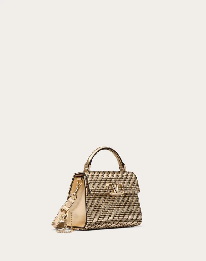 Valentino Top Handle Bags Woman Valentino Garavani Vsling Mini Woven Handbag For Woman In Goldcrystal Goldcrystal Valentino Top Handle Bags Woman Valentino Garavani Vsling Mini Woven Handbag For Woman In Goldcrystal Goldcrystal