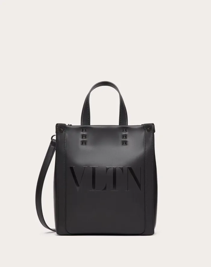Valentino Totes Man Mini Vltn Leather Shopper For Man In Black Black