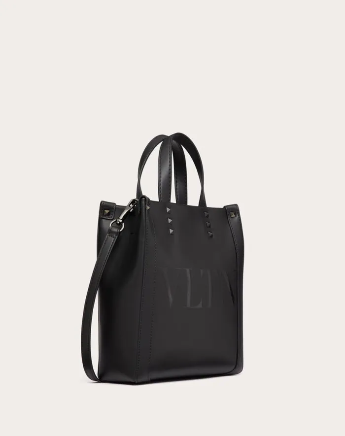 Valentino Totes Man Mini Vltn Leather Shopper For Man In Black Black Valentino Totes Man Mini Vltn Leather Shopper For Man In Black Black