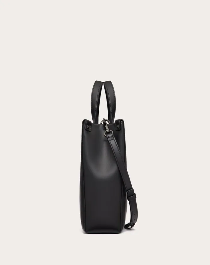Valentino Totes Man Mini Vltn Leather Shopper For Man In Black Black Valentino Totes Man Mini Vltn Leather Shopper For Man In Black Black