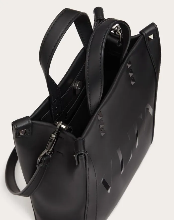 Valentino Totes Man Mini Vltn Leather Shopper For Man In Black Black Valentino Totes Man Mini Vltn Leather Shopper For Man In Black Black