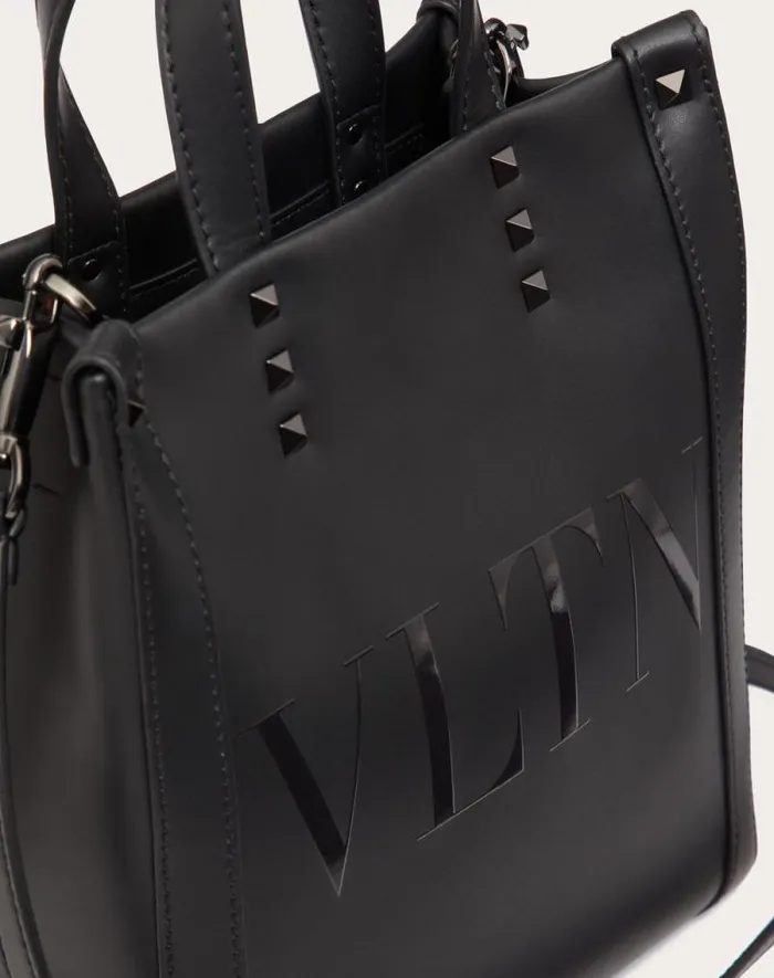 Valentino Totes Man Mini Vltn Leather Shopper For Man In Black Black Valentino Totes Man Mini Vltn Leather Shopper For Man In Black Black