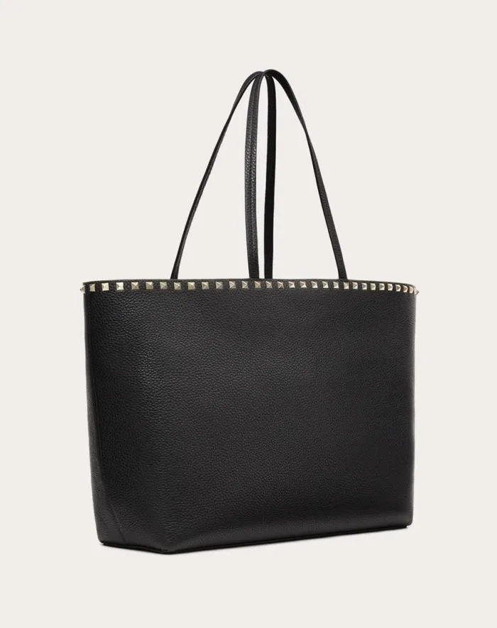 Valentino Totes Woman Rockstud Grainy Calfskin Tote Bag For Woman In Black Black Valentino Totes Woman Rockstud Grainy Calfskin Tote Bag For Woman In Black Black