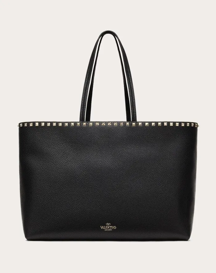 Valentino Totes Woman Rockstud Grainy Calfskin Tote Bag For Woman In Black Black Valentino Totes Woman Rockstud Grainy Calfskin Tote Bag For Woman In Black Black