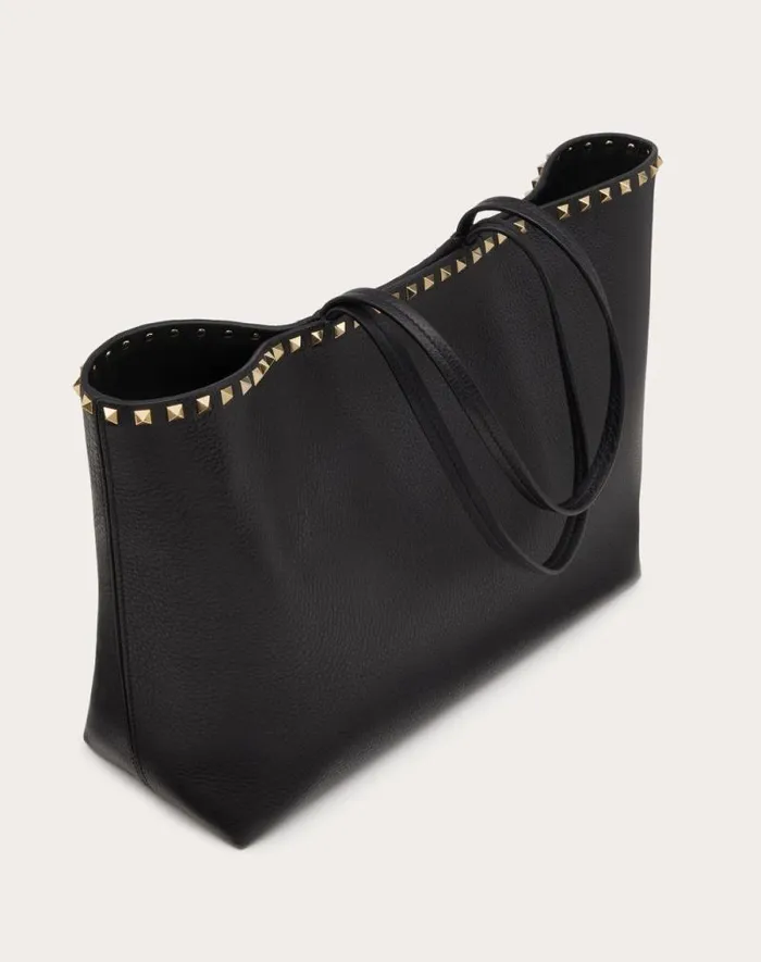 Valentino Totes Woman Rockstud Grainy Calfskin Tote Bag For Woman In Black Black Valentino Totes Woman Rockstud Grainy Calfskin Tote Bag For Woman In Black Black