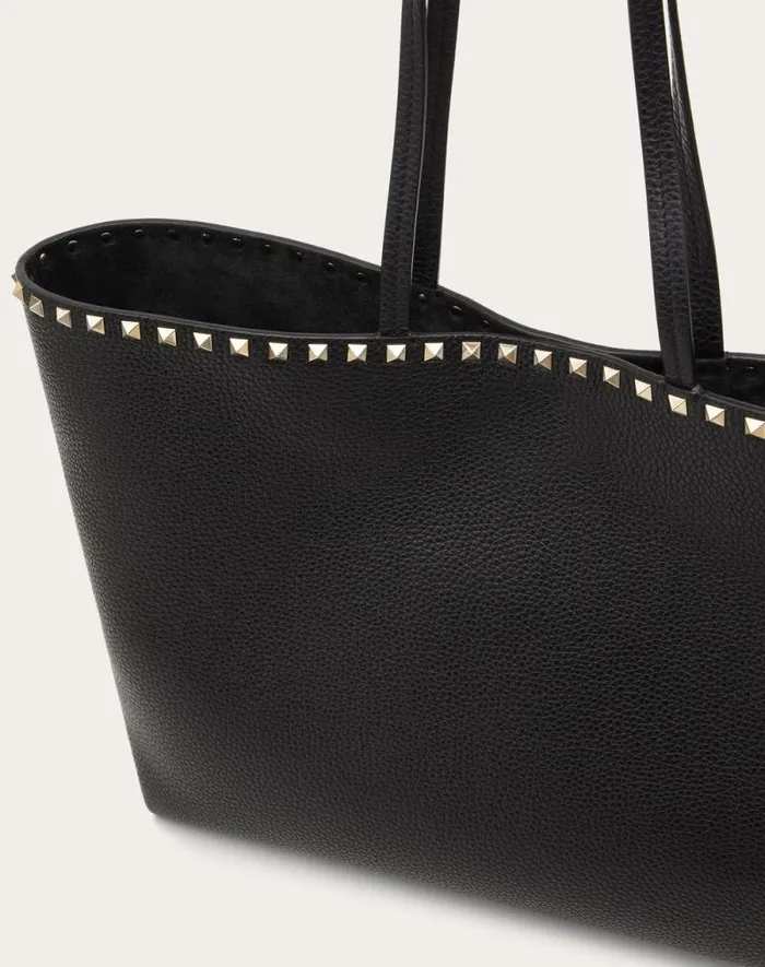 Valentino Totes Woman Rockstud Grainy Calfskin Tote Bag For Woman In Black Black Valentino Totes Woman Rockstud Grainy Calfskin Tote Bag For Woman In Black Black