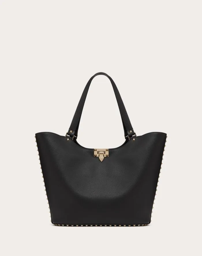 Valentino Totes Woman Valentino Garavani Rockstud Shopping Bag In Grainy Calfskin For Woman In Almond Almond Valentino Totes Woman Valentino Garavani Rockstud Shopping Bag In Grainy Calfskin For Woman In Almond Almond