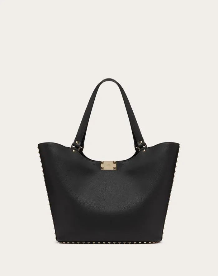 Valentino Totes Woman Valentino Garavani Rockstud Shopping Bag In Grainy Calfskin For Woman In Almond Almond Valentino Totes Woman Valentino Garavani Rockstud Shopping Bag In Grainy Calfskin For Woman In Almond Almond