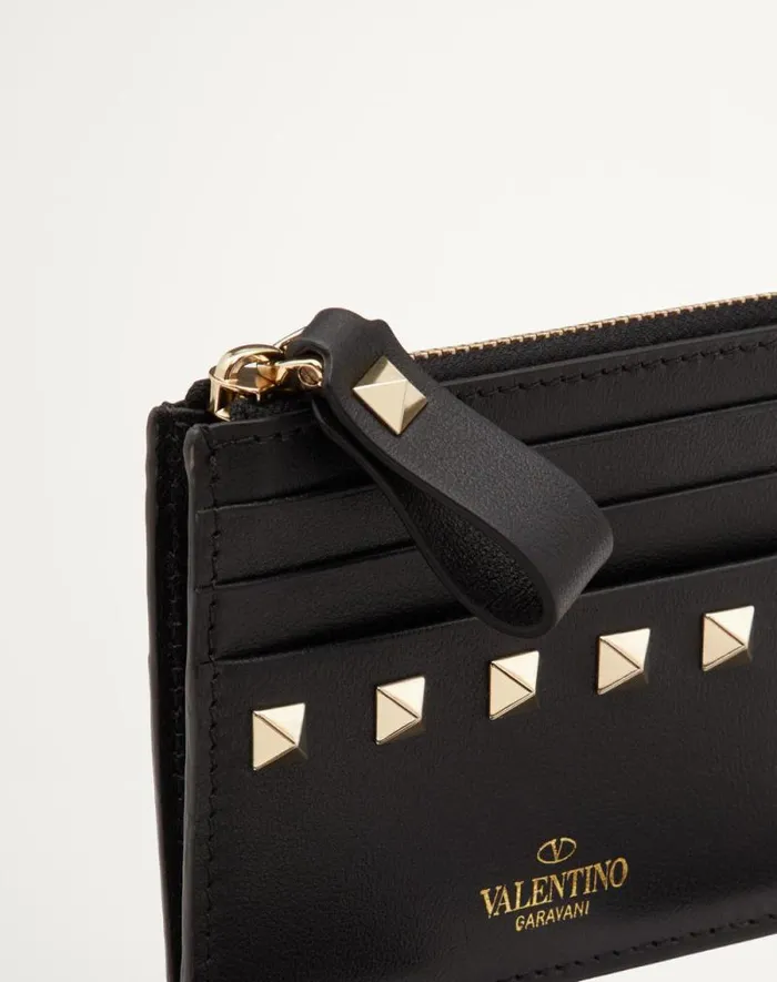 Valentino Wallets And Small Leather Goods Woman Rockstud Calfskin Cardholder With Zipper For Woman In Black Black Valentino Wallets And Small Leather Goods Woman Rockstud Calfskin Cardholder With Zipper For Woman In Black Black