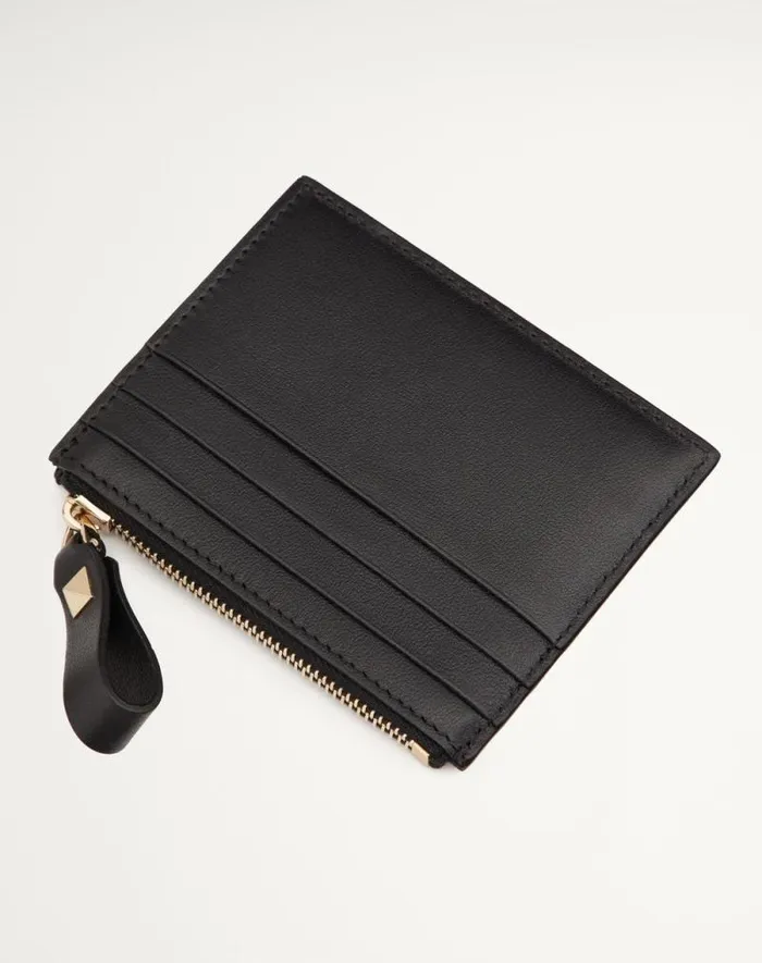 Valentino Wallets And Small Leather Goods Woman Rockstud Calfskin Cardholder With Zipper For Woman In Black Black Valentino Wallets And Small Leather Goods Woman Rockstud Calfskin Cardholder With Zipper For Woman In Black Black
