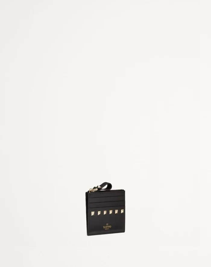 Valentino Wallets And Small Leather Goods Woman Rockstud Calfskin Cardholder With Zipper For Woman In Black Black Valentino Wallets And Small Leather Goods Woman Rockstud Calfskin Cardholder With Zipper For Woman In Black Black