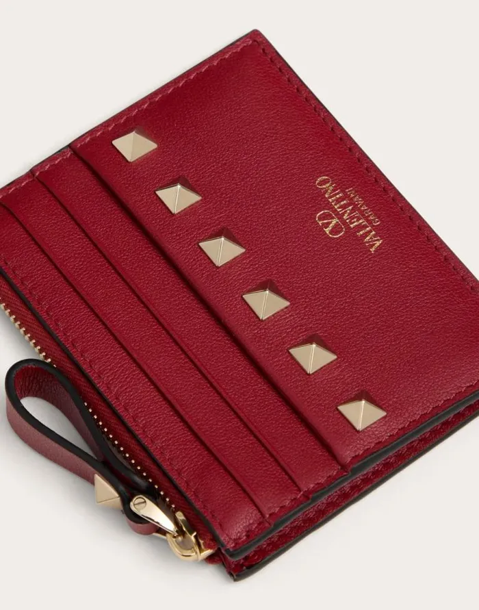 Valentino Wallets And Small Leather Goods Woman Rockstud Calfskin Cardholder With Zipper For Woman In Black Black Valentino Wallets And Small Leather Goods Woman Rockstud Calfskin Cardholder With Zipper For Woman In Black Black