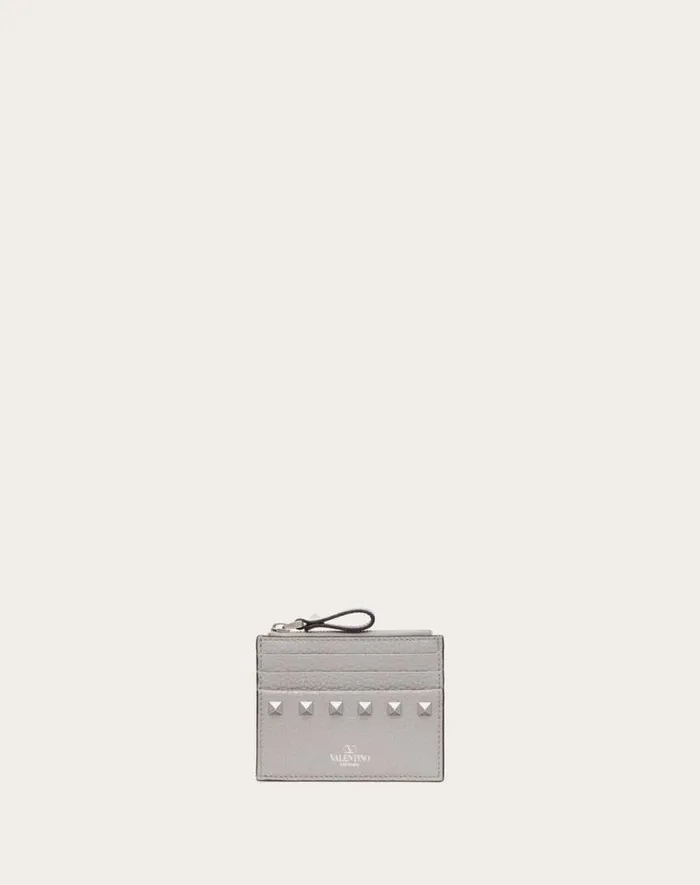 Valentino Wallets And Small Leather Goods Woman Rockstud Grainy Calfskin Cardholder With Zipper For Woman In Grey Grey Valentino Wallets And Small Leather Goods Woman Rockstud Grainy Calfskin Cardholder With Zipper For Woman In Grey Grey