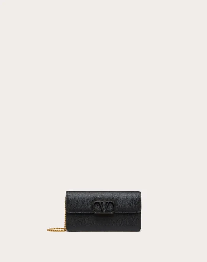 Valentino Wallets And Small Leather Goods Woman Vlogo Signature Grainy Calfskin Wallet With Chain For Woman In Porcelain Blue Porcelain Blue